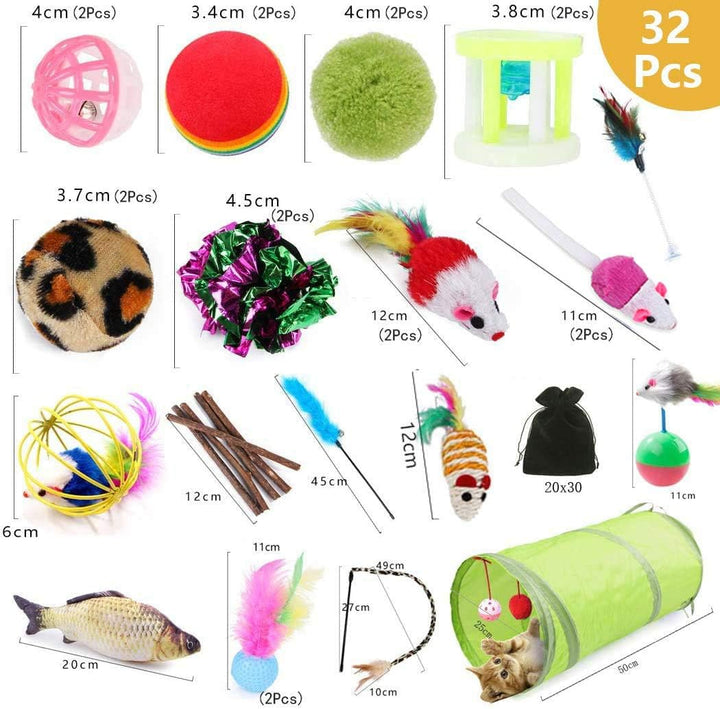 Katzenspielzeug,32 Stück Katzenspielzeug Set mit Katzentunnel,Bälle,Federspielzeug,Plüschspielzeug,S