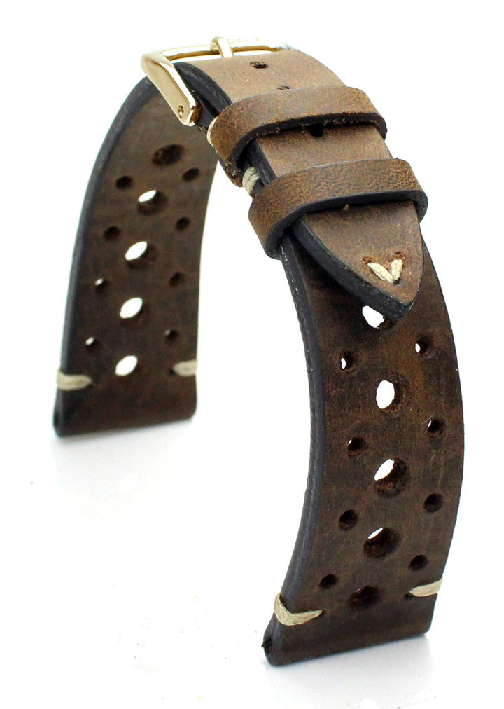 RIOS1931 Rallye Gold Vintage Rindsleder Uhrenarmband handgemacht in Deutschland Robust 20mm braun Mo