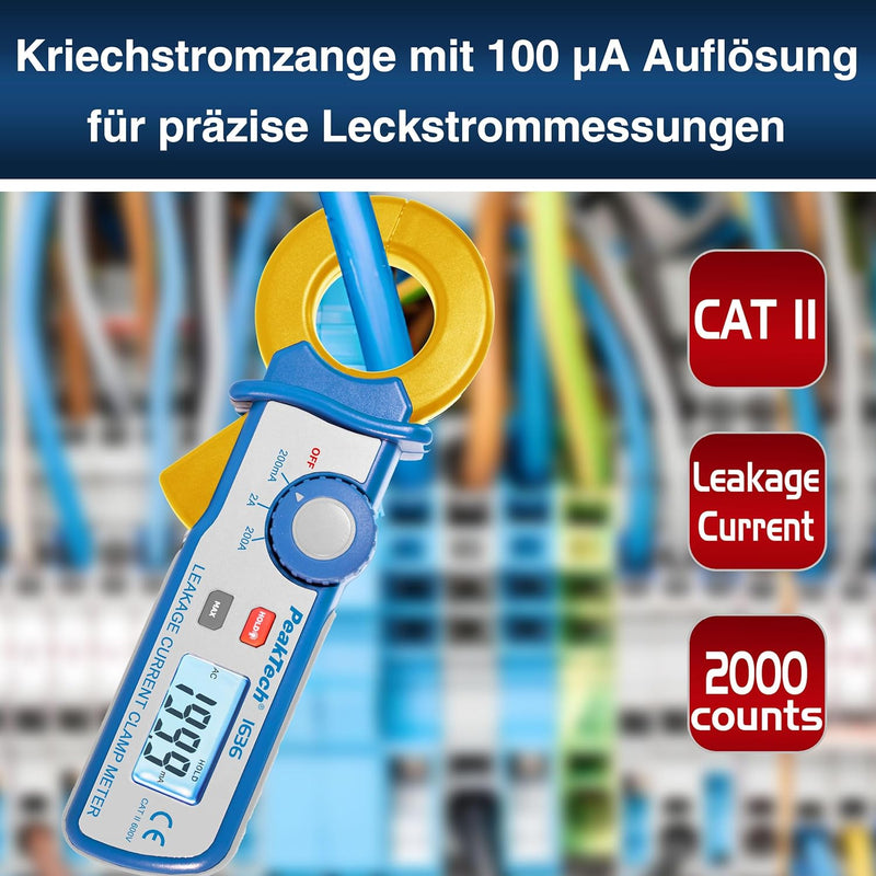 PeakTech 1636 – Leckstromzange mit Auflösung bis 100 µA, 2000 Counts, Data-Hold, Kriechstromzange, W