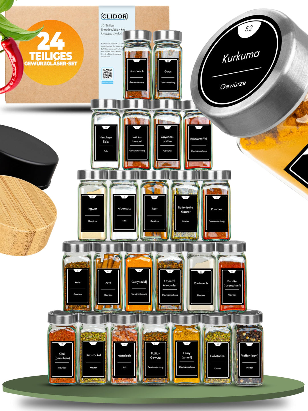 CLIDOR Gewürzgläser eckig [24 x 125ml], Luftdichte Gewürzgläser mit Streueinsatz + 248 wasserfeste G