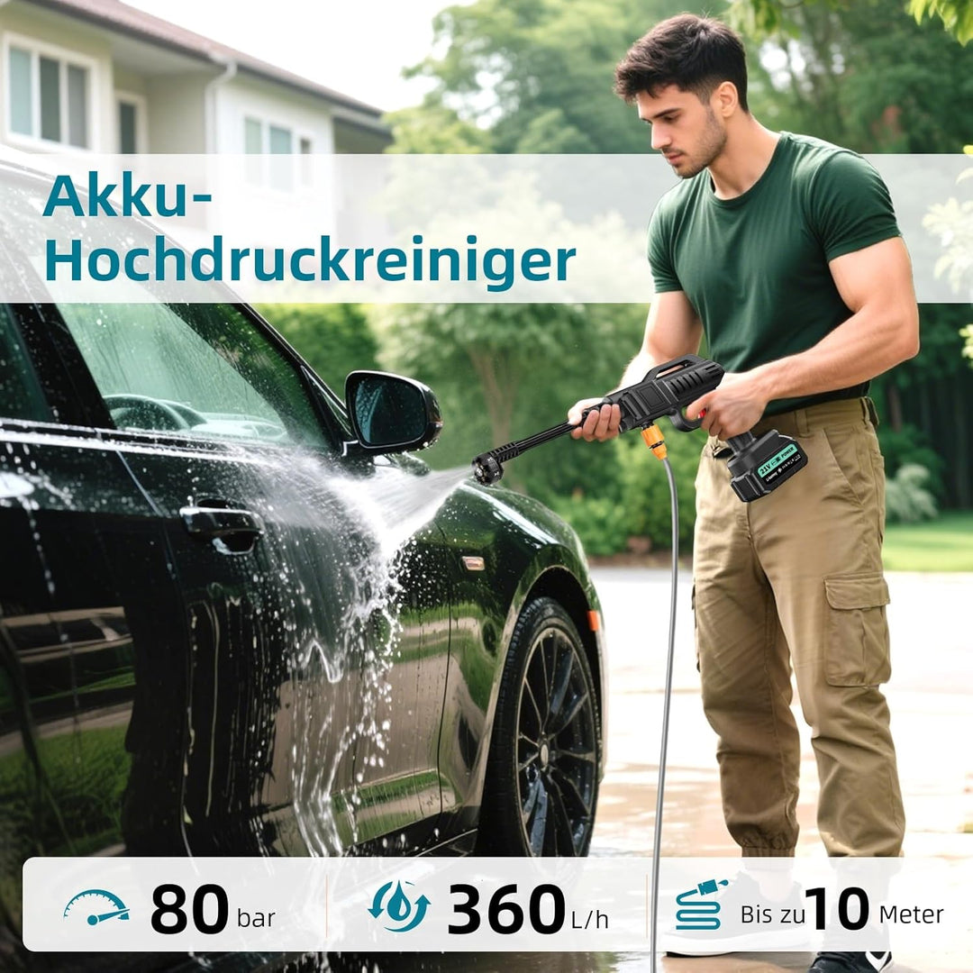 Akku Hochdruckreiniger,80 Bar Mobiler Hochdruckreiniger,Druckreiniger mit 2×3.0Ah Akkus,6-In-1 Multi