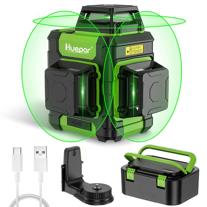 Huepar Kreuzlinienlaser 360 grün, selbstnivellierend, wiederaufladbar, Laser Wasserwaage 3x360°, 3D-