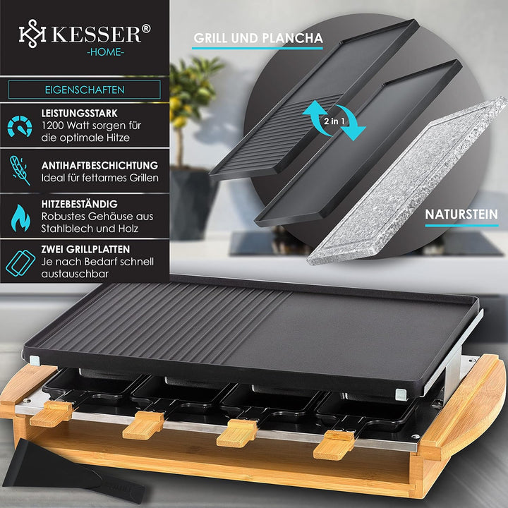 KESSER® Raclette-Grill mit Naturgrillstein, Grillplatte Tischgrill für 8 Personen, Elektrogrill Racl