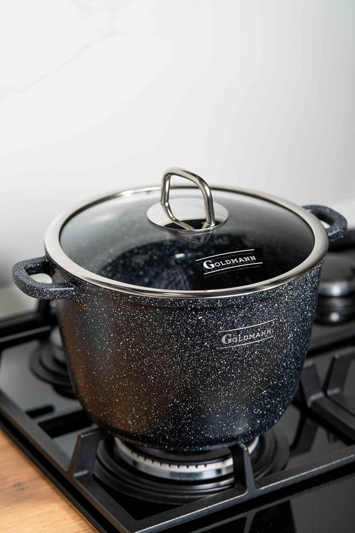 GOLDMANN 28 CM - 10L - Aluguss-Kochtopf/Suppentopf mit Glasdeckel und Silikongriffen, Marmor-Keramik