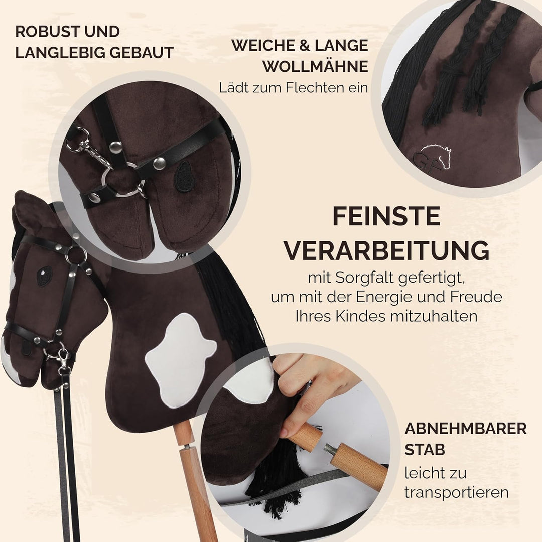 GaloppFreude® Hobby Horse Pferde Braunschecke – Grosses A3 Steckenpferd mit Schraubstab & Trense – H