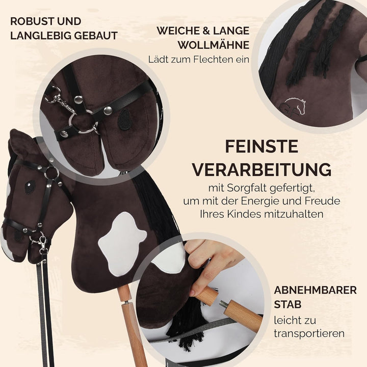 GaloppFreude® Hobby Horse Pferde Braunschecke – Grosses A3 Steckenpferd mit Schraubstab & Trense – H