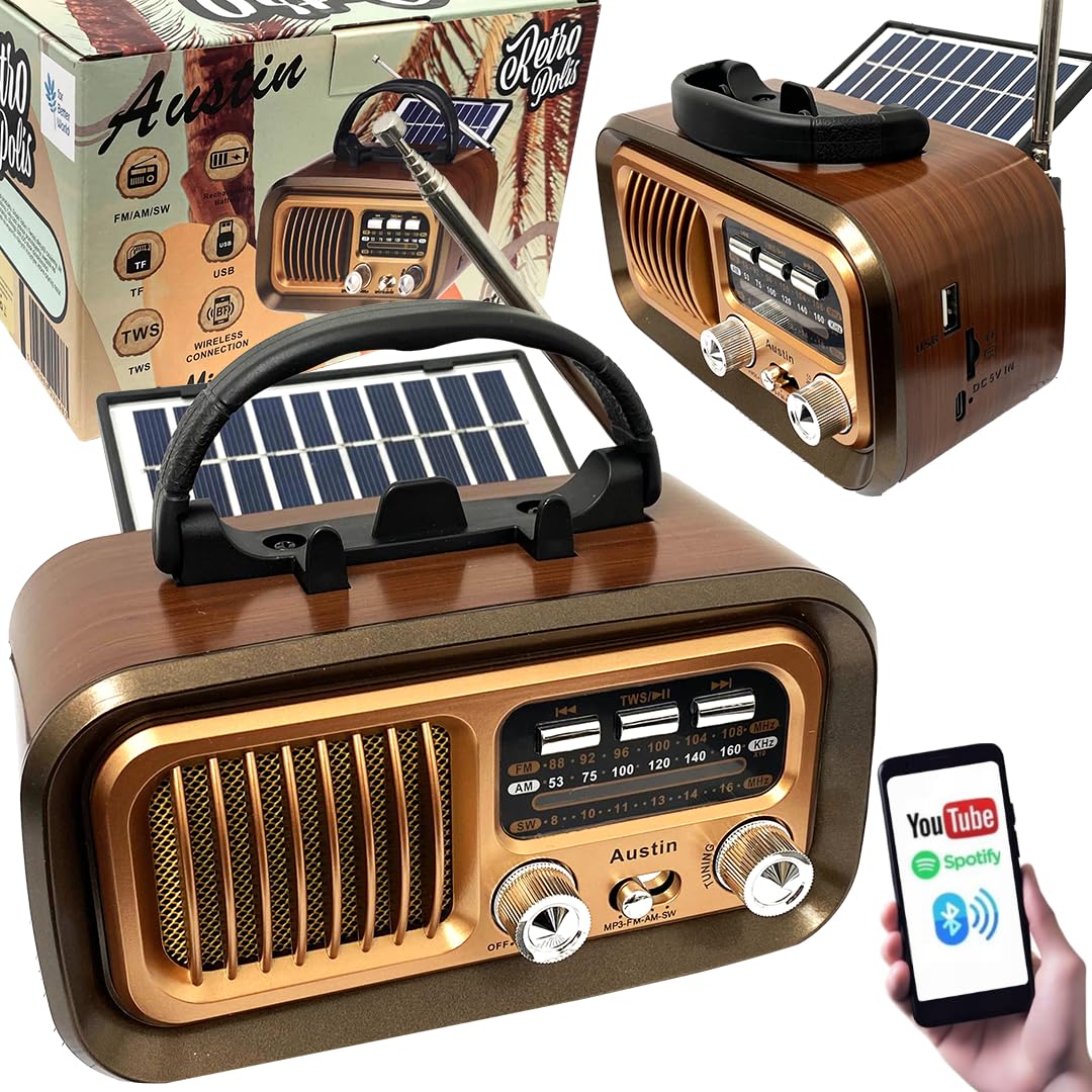 Retropolis Austin Retro Radio – Vintage Design mit Solar, USB, microSD, Bluetooth 5.0, 1200mAh Akku,