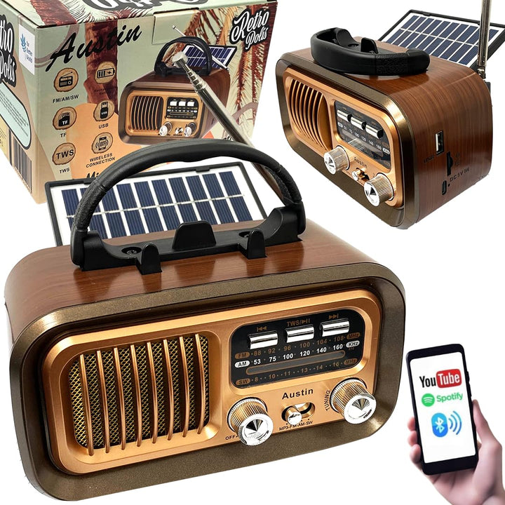 Retropolis Austin Retro Radio – Vintage Design mit Solar, USB, microSD, Bluetooth 5.0, 1200mAh Akku,