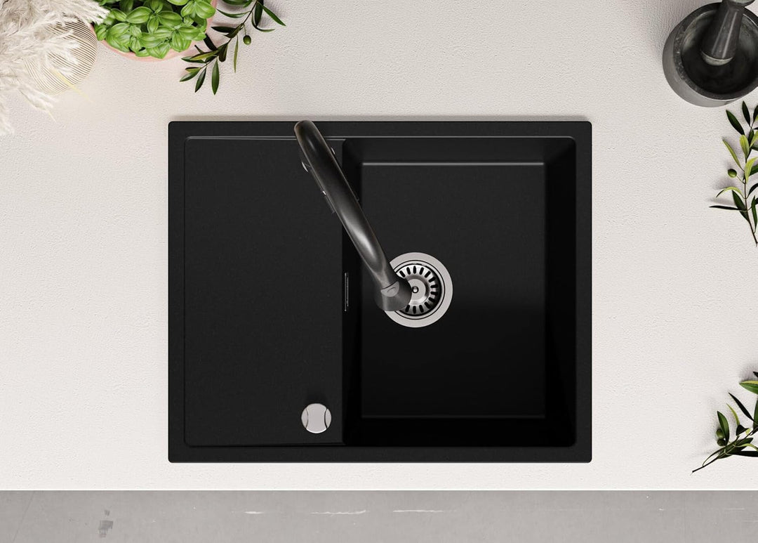 Granitspüle Schwarz 62x50 cm, Spülbecken + Ablauf-Set + Küchenarmatur 9050, Küchenspüle für 45er Unt
