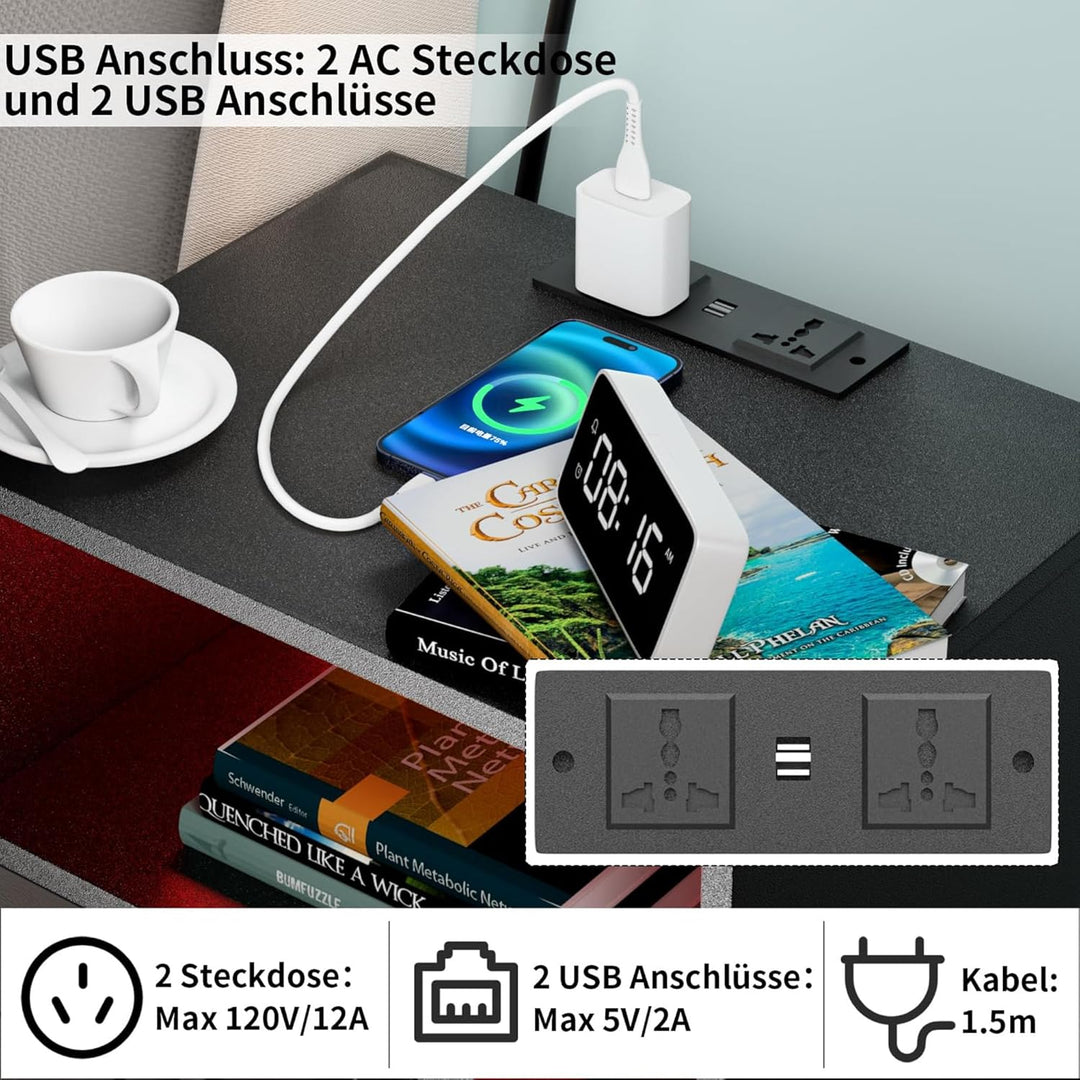 PIPIPOXER 2er Set Nachttisch mit Steckdose & USB, Nachttisch Schwarz Hochglanz, Nachttische mit 3 Sc