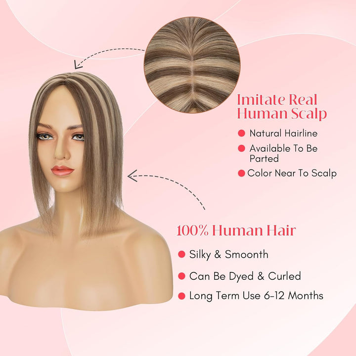 Elailite Hair Topper Echthaar #4P27 Mittelbraun/Honigblond 15cm Clip in Toupet Damen Extensions Haar
