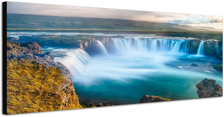 Paul Sinus Art Panoramabild auf Leinwand und Keilrahmen 120x40cm Island Wasserfall Landschaft Natur