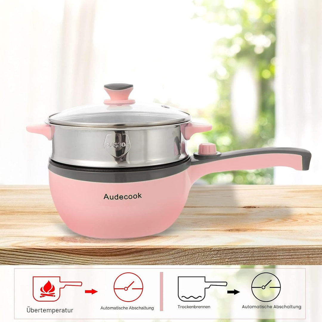 Audecook Elektrische Pfannen mit Dampfgarer, 1,5L Bratpfanne 20cm, Antihaft Klein Elektropfanne, Mul