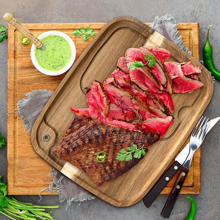 6er Set Steakbretter aus Akazienholz, Holz Steak Servierbrett mit Saftk, Küche Schneidebrett Steakte