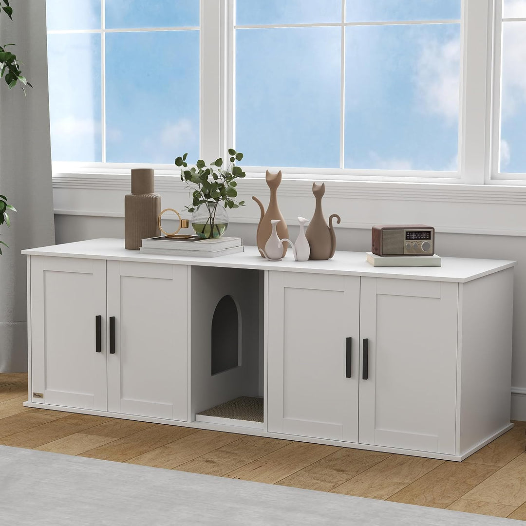 PawHut Katzenklo-Schrank 3 in 1 für Grosse Katzen 145 x 49 x 51 cm Weiss | Katzenschrank, Versteckte