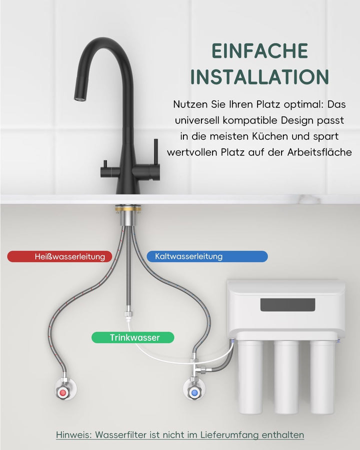 DAYONE 3 Wege Schwarz Wasserhahn Küche Flexibel, 3 in 1 Mischbatterie für Wasserfilter Osmose, 360°