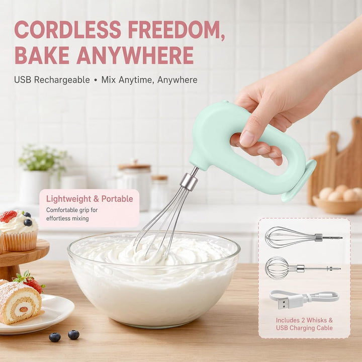 Elektrischer Schneebesen, Kabelloser Hand Mixer, Edelstahl-Schwenkquirl, 4 einstellbaren Geschwindig