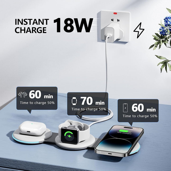 3 in 1 Faltbar Induktive Ladestation,Magsafe Kabelloses Ladegerät für Apple Watch und iPhone 16/15/1