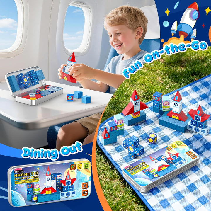 tinytrek Magnetische Bausteine Reisespielzeug für Kinder 36 Stück Tragbare Reise Mini-Magnetbaustein