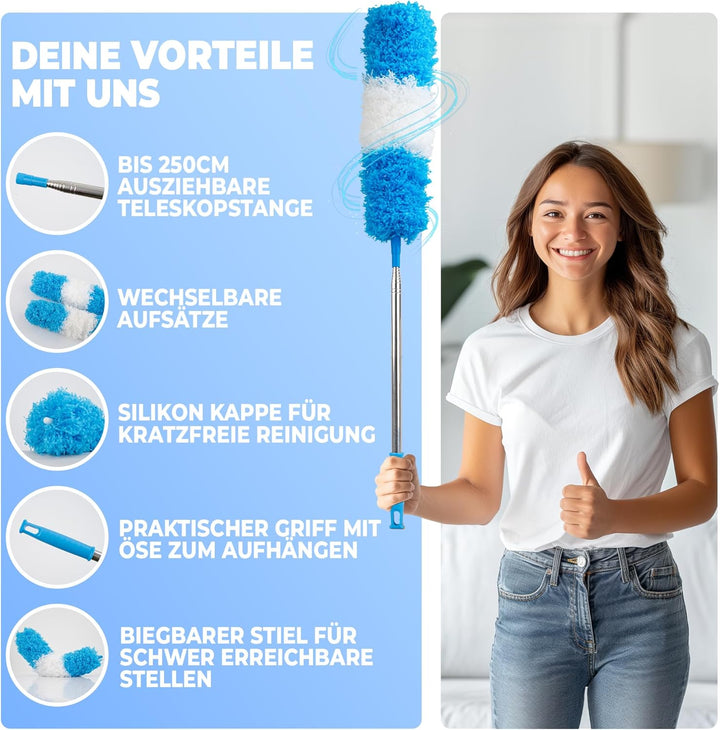 GlanzPure Staubwedel Teleskop-lang ausziehbar bis 2,5m und waschbar,biegbarer und kratzfreier Staubw