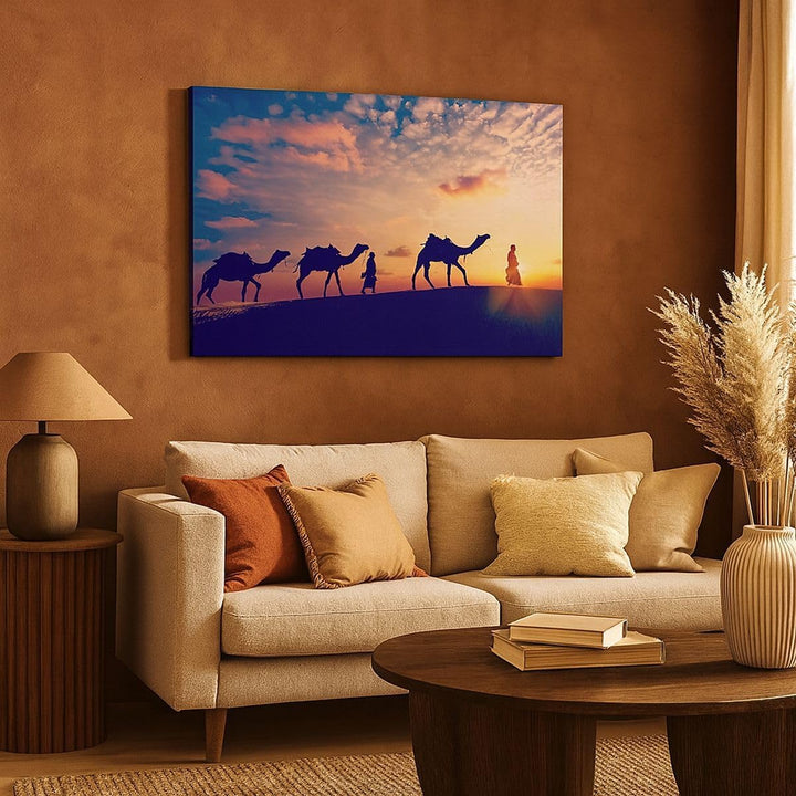 Bilder auf Leinwand 100x70cm Leinwandbild mit Rahmen Kamel Wohnwagen Gross Wanddeko Bild Schlafzimme