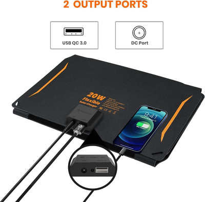 FlexSolar 20W tragbares Solar-Ladegerät, USB Solarladegerät wasserdicht, IP67, faltbares Solarpanel