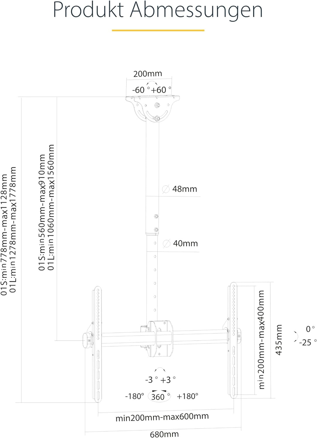 StarTech.com Supporto da Soffitto per TV a schermo piatto da 32" a 70" LCD, LED o Plasma Single TV 4