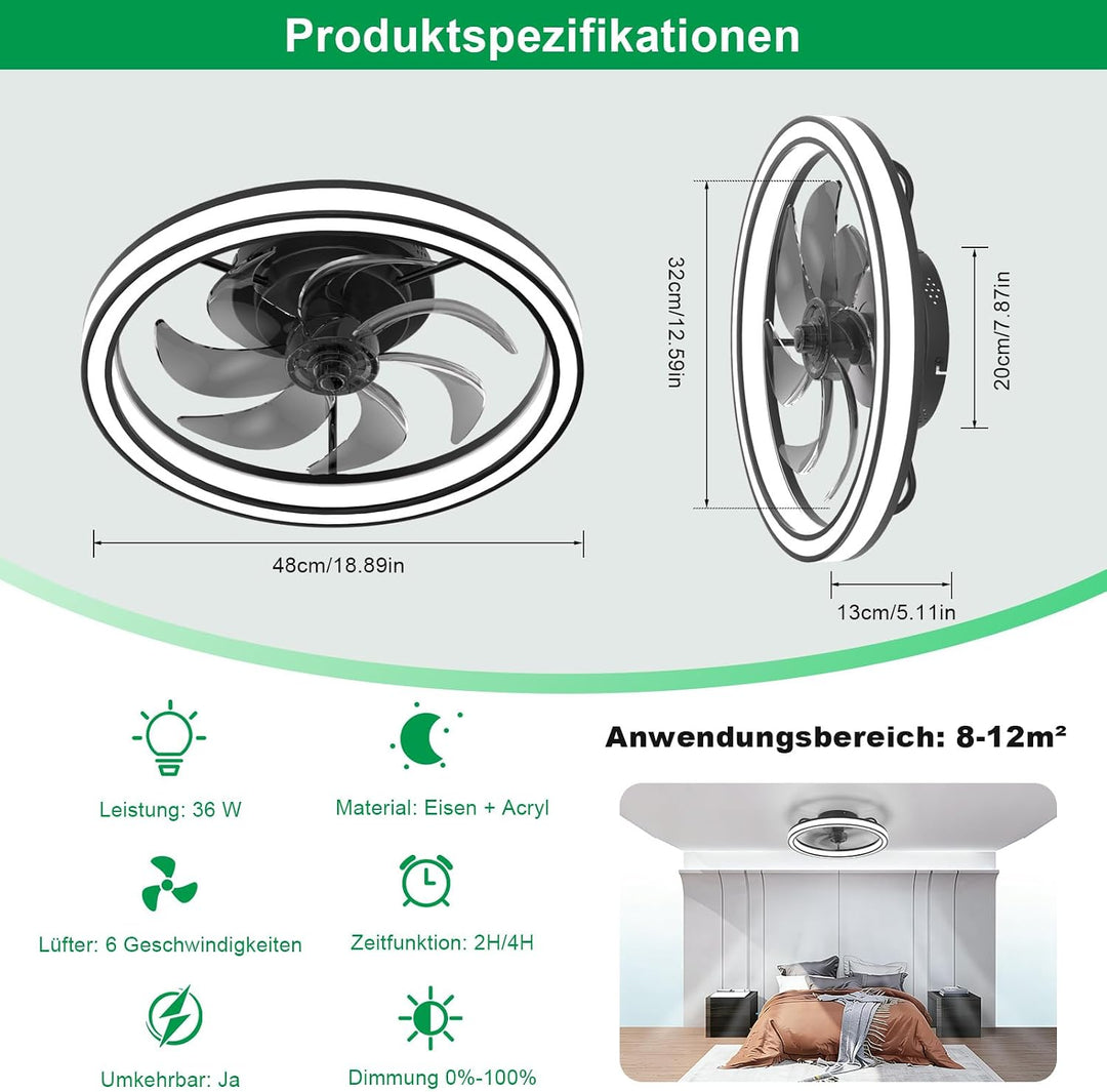 Deckenventilator mit Beleuchtung, 3 Farbtemperatur und 6 Geschwindigkeiten Deckenventilator mit Lamp