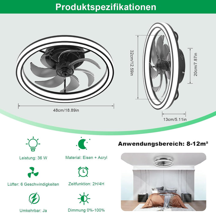 Deckenventilator mit Beleuchtung, 3 Farbtemperatur und 6 Geschwindigkeiten Deckenventilator mit Lamp