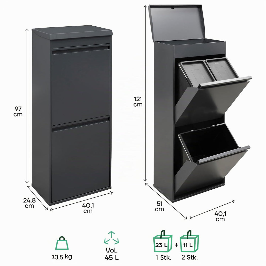 ARREGUI Top CR424-B Mülltrennsystem aus Stahl mit Aufbewahrungsbox mit Deckel | 3 Fächer Mülleimer f