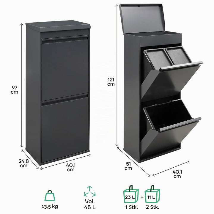 ARREGUI Top CR424-B Mülltrennsystem aus Stahl mit Aufbewahrungsbox mit Deckel | 3 Fächer Mülleimer f
