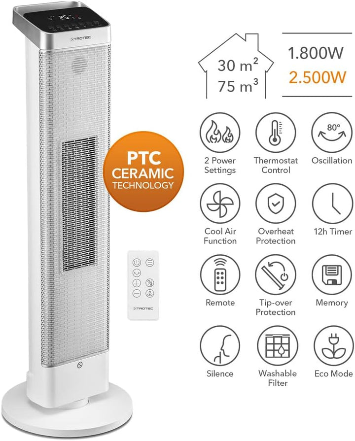 TROTEC Keramik Heizlüfter TFC 25 E – Heizleistung 1800 W / 2500 W – Heizung mit Thermostat, Raumgrös