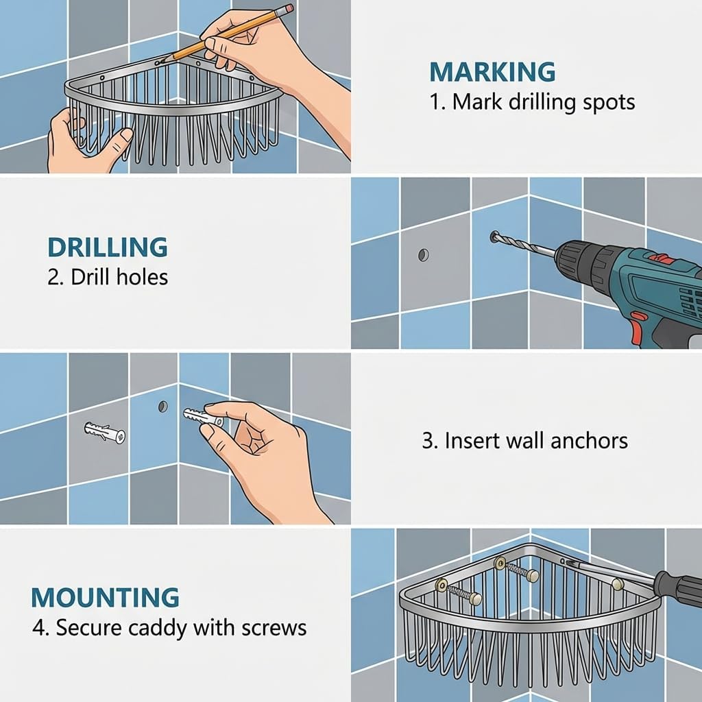 QWORK® Duschablage Ecke, Duschregal Edelstahl 304, 22,5 x 22,5 x 8,5 cm Eckregal Dusche, für Bad Küc