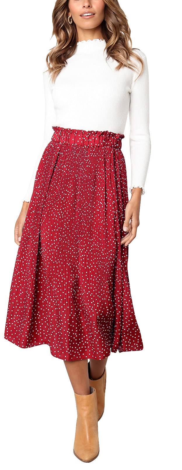 Hoerev Frauen Print Punkt mit Taschen Falten Langer Rock Beach Party Maxi Rock S Rot Punkt, S Rot Pu