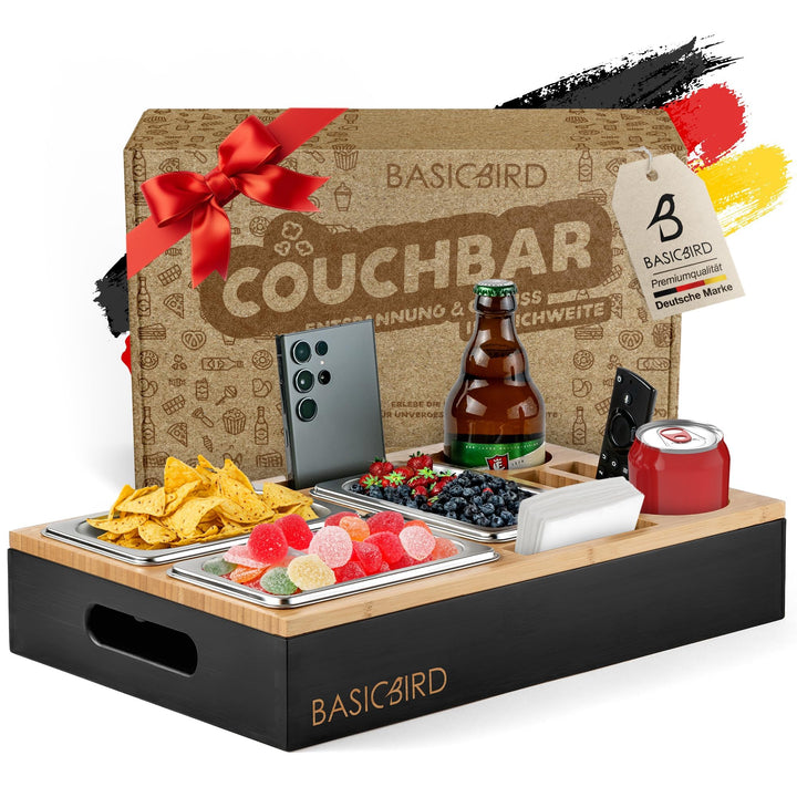 Couchbar Snackbox - Organizer Tablett- Snackspender mit 3X Snackschale - Holz Sofatablett für Sofa,