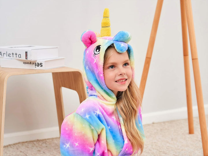 Piefry Weicher Einhorn-Bademantel mit Kapuze für Mädchen mit Einhorn-Pantoffeln, Augenbinde und Stir