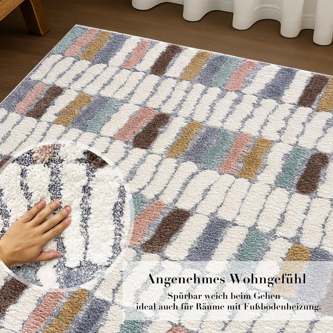 payé Teppich Wohnzimmer - 140x200cm - Hochflor Flauschig Weich - Pastellfarben Multi - Boho Design -