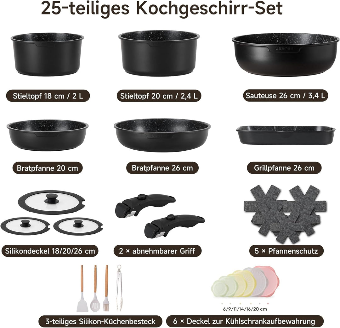 JEETEE Topfset Pfannenset mit abnehmbarem Griff 25-Teilig, Pfanne 20/26cm, Kochtopf 18/20cm, Tiefe B