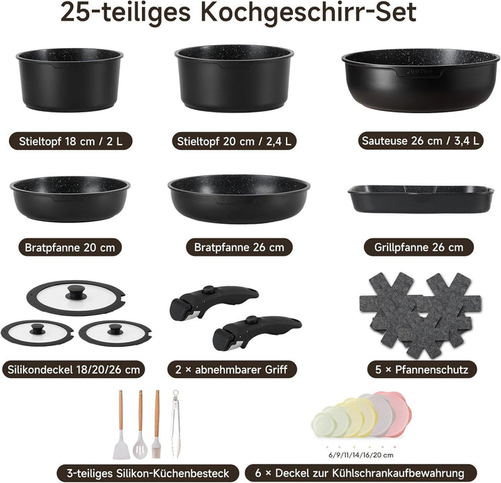 JEETEE Topfset Pfannenset mit abnehmbarem Griff 25-Teilig, Pfanne 20/26cm, Kochtopf 18/20cm, Tiefe B