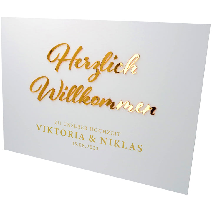 Goodtimes Willkommensschild Hochzeit mit persönlichen Namen & Datum 70x50 Gold