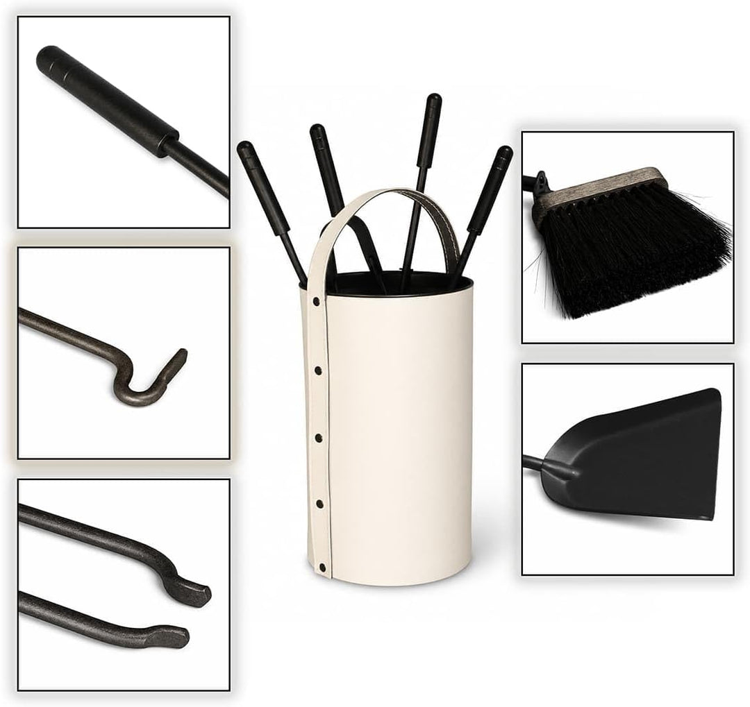 MS Beschläge Kaminbesteck Set 5-tlg mit Besteckbehälter aus Leder Altweiss - moderne Kamingarnitur K