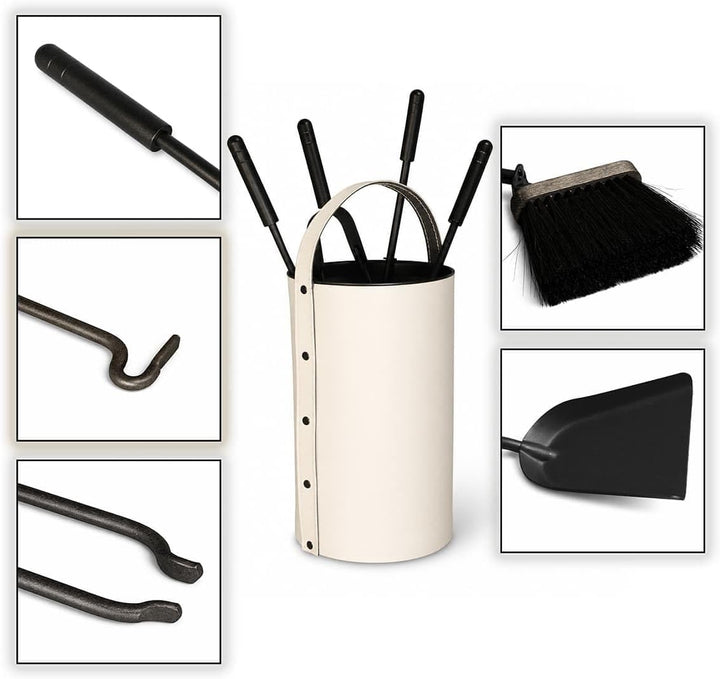 MS Beschläge Kaminbesteck Set 5-tlg mit Besteckbehälter aus Leder Altweiss - moderne Kamingarnitur K