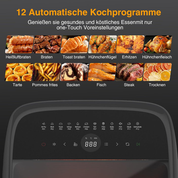 12L XXL Heissluftfritteuse, 12-in-1 Voreinstellungen, Programme, Touchscreen, Funktionen als Air Fry