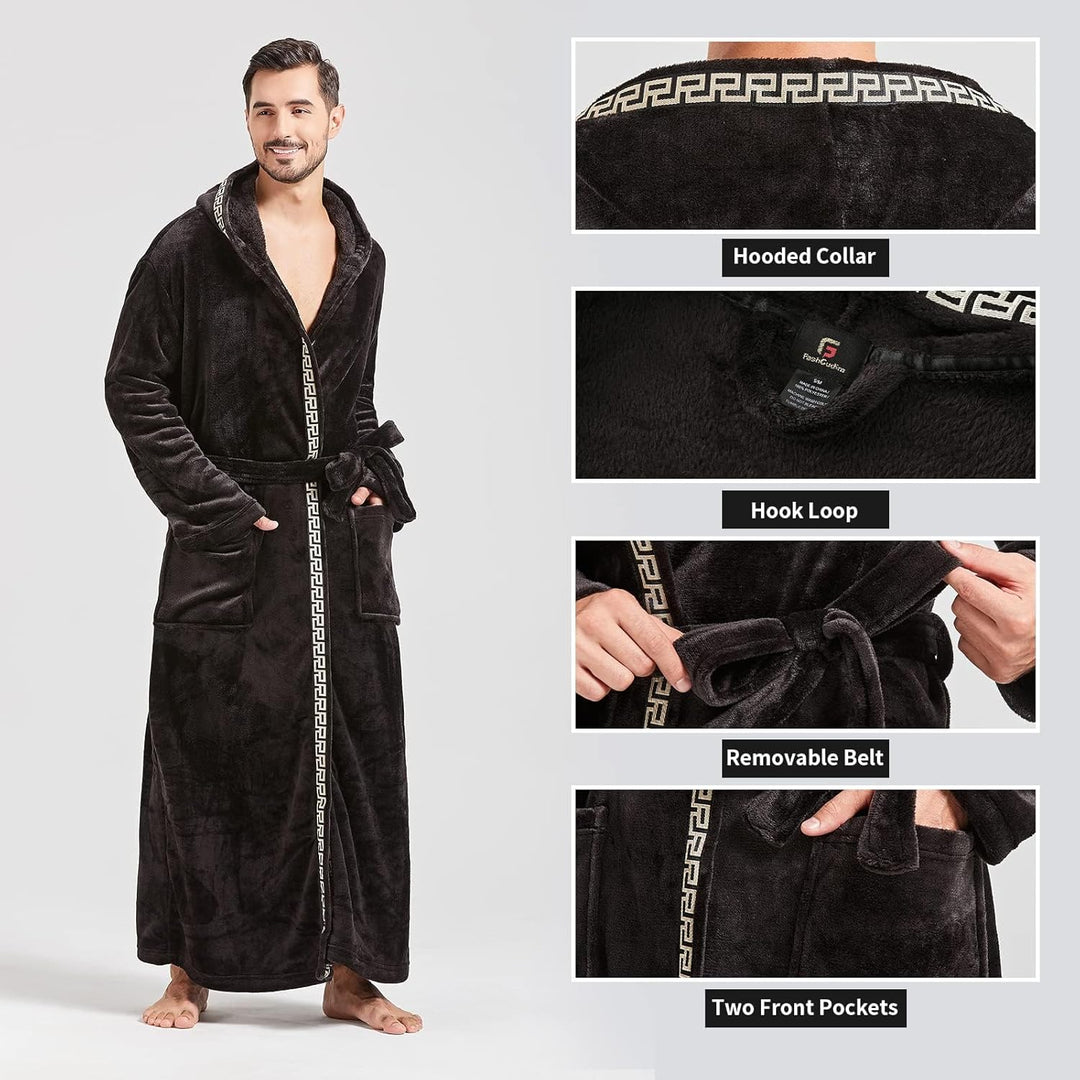 FashGudim Herren Kapuzenplüschbademantel in voller Länge. Flauschiger Bademantel für grosse und kräf
