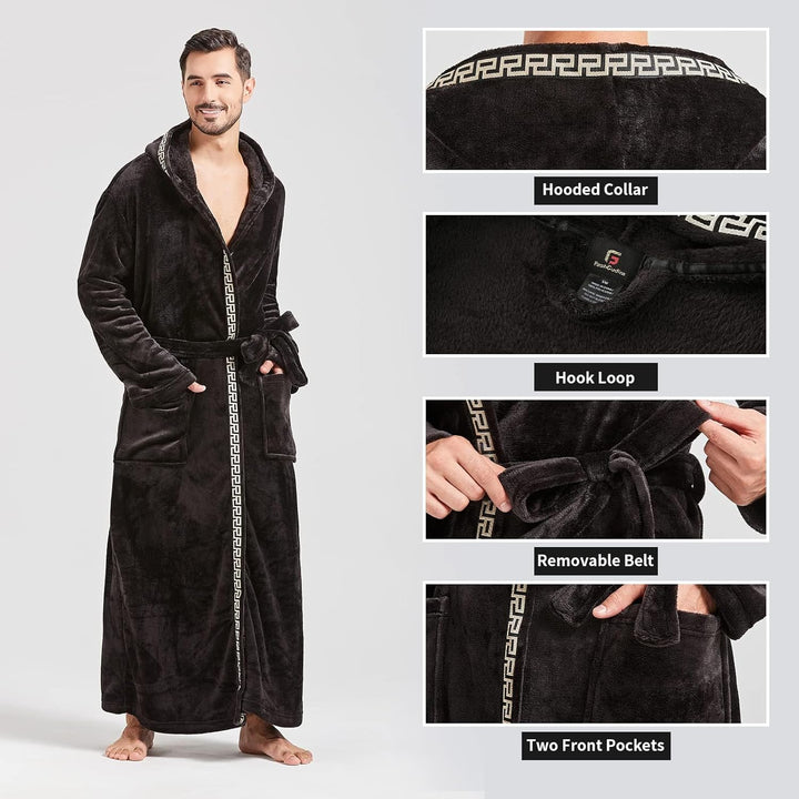 FashGudim Herren Kapuzenplüschbademantel in voller Länge. Flauschiger Bademantel für grosse und kräf