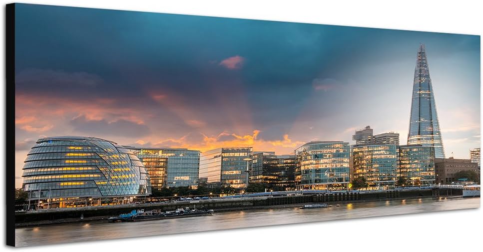Paul Sinus Art Panoramabild auf Leinwand und Keilrahmen 150x50cm London Skyline Wasser Abenddämmerun