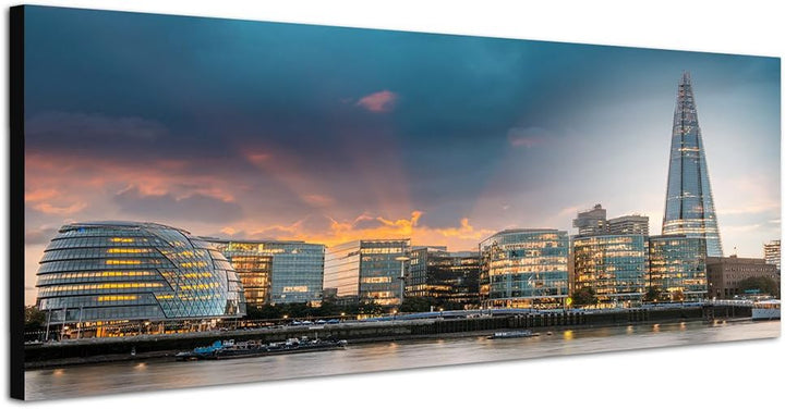 Paul Sinus Art Panoramabild auf Leinwand und Keilrahmen 150x50cm London Skyline Wasser Abenddämmerun
