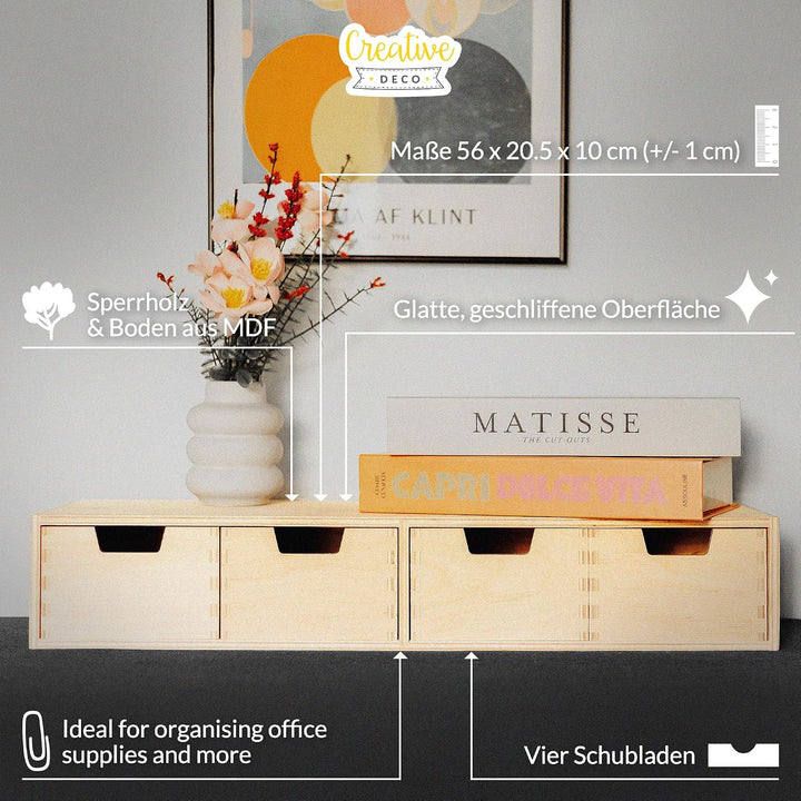 Creative Deco Schubladenbox Schubladenelement 4 Schubladen | 56x20,5x10 cm | (+/- 1 cm) | Mini-Kommo