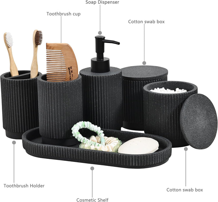Badezimmer Set 6-TLG | Seifenspender + Zahnputzbecher mit Tablett & Wattestäbchenbox | Design Streif