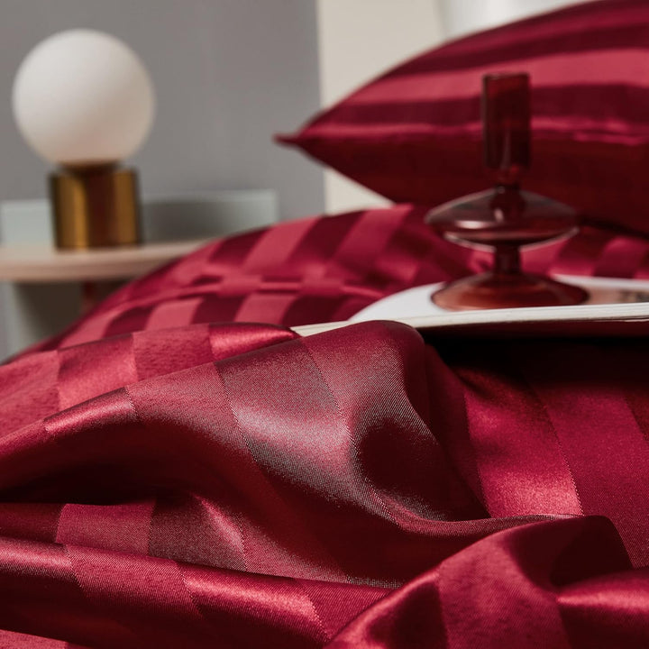 Damier Bettwäsche 200x200cm Satin Rot gestreift Bettwäsche Set 3-teilig glatt glänzend hochwertiges